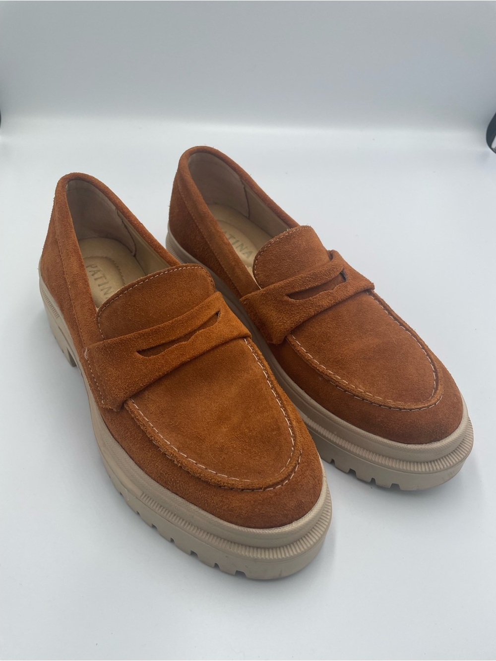 Portland Leather Goods Patina Zoe Chunky Penny Loafers 8 Fawn Brown Suede